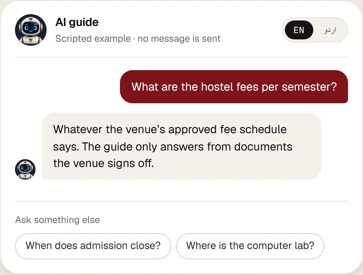 The AI guide answering a visitor's question in English
